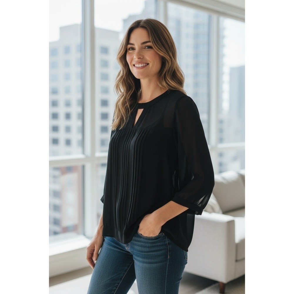 French Connection Classic Black Pleated Keyhole Neck 3/4 Sleeve Blouse Top